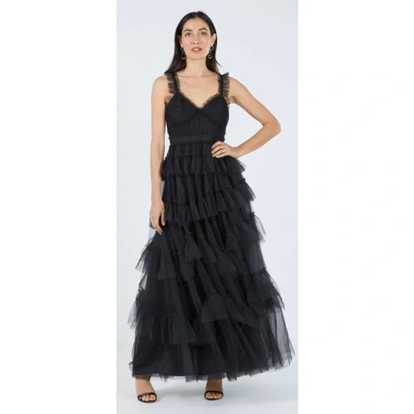 green emerald velvet dress Oly Tiered Ruffle Tulle Evening Gown – BCBGMAXAZRIA main image 0